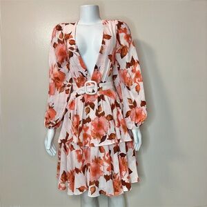 Orange pink long sleeve crisscross back cutout deep V-neck mini dress